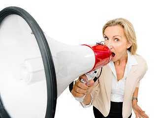 Image showing Megaphone, portrait and mature woman in studio with wow news, sale or announcement on white background. Speaker, speech and face of lady with coming soon promo, launch or offer, vote or voice opinion