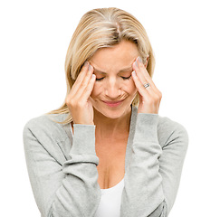 Image showing Headache, anxiety and mature woman in studio with problem, mistake or mental health crisis on white background. Migraine, stress and female worry, fear or fail, depression and brain fog or vertigo