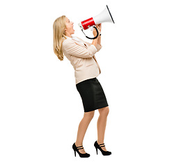 Image showing Megaphone, noise and screaming mature woman in studio with message, broadcast or announcement on white background. Speaker, speech and angry lady with bullhorn for change, justice or freedom vote