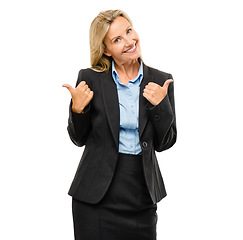 Image showing Business woman, portrait and thumbs up for success or good job isolated on a white studio background. Female person or employee smile with thumb emoji, yes sign or like for approval or satisfaction