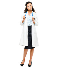 Image showing Confidence, healthcare and portrait of a female doctor in a studio after a consultation. Stethoscope, career and full boy of a professional woman medical worker standing isolated by white background.