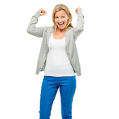 Image showing Happy, celebration and portrait of mature woman in studio excited for news, sale or promo on white background. Wow, face and lady winner smile for announcement, discount or competition prize giveaway