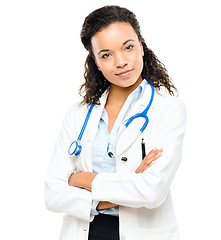 Image showing Doctor portrait, woman smile and arms crossed happy from healthcare and wellness career in studio. Young female employee, medical worker and white background and feeling proud and vision from job