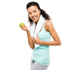 Image showing Portrait, woman and apple in studio, white background and isolated for fitness, nutrition and detox diet for weightloss. Happy african female model eating healthy fruits for wellness after exercise