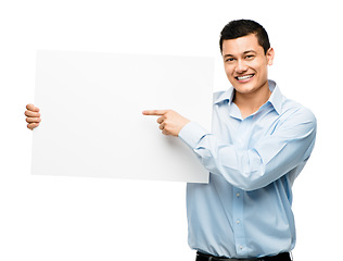 Image showing Portrait, pointing and business man with board in studio isolated on white background mockup. Happy, banner and professional with space for advertising, marketing or commercial branding on promotion.