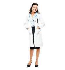 Image showing Happy, medical and portrait of a female doctor in studio after a medicare consultation. Confidence, career and full boy of professional woman healthcare worker with smile standing by white background