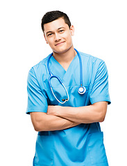 Image showing Portrait, nurse and confident man with arms crossed in studio isolated on a white background. Face, medical professional worker and Asian surgeon, doctor or physician ready for healthcare in Japan.