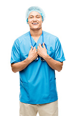 Image showing Portrait, nurse and excited man with stethoscope in studio isolated on white background. Confidence, medical professional and funny Asian surgeon, doctor or physician from Japan ready for healthcare.