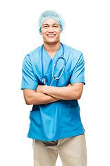 Image showing Nurse, portrait and happy man with arms crossed in studio isolated on a white background. Confidence, medical professional and Asian surgeon, doctor and physician from Japan ready for healthcare.