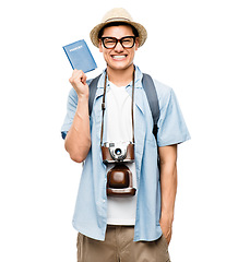 Image showing Portrait, tourist and excited man with passport in studio isolated on white background mockup. Glasses, travel document and happy male person from Italy in summer hat for holiday, vacation or journey