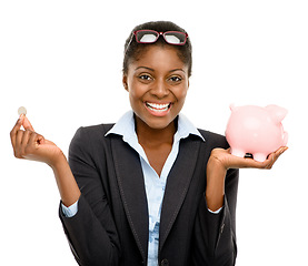Image showing Saving, black woman and investment in portrait with money for future with banking with financial advisor. Piggybank and professional female with budget or planning for payment in studio background.