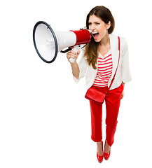 Image showing Fashion, megaphone and a woman shouting in studio for serious announcement, voice or speech. Frustrated female model in stylish red clothes with a loudspeaker for breaking news, protest or broadcast