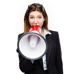 Image showing Business woman, megaphone and shouting in studio for serious announcement, voice or speech. Angry female model portrait in corporate clothes with loudspeaker for breaking news, protest or broadcast