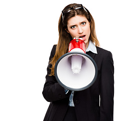 Image showing Megaphone, portrait and a business woman in studio for serious announcement, voice or speech. Frustrated female speaker in corporate clothes with a loudspeaker for broadcast on a white background