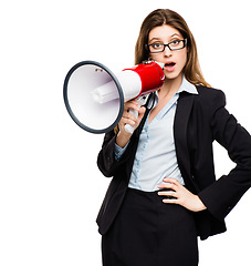 Image showing Shocked, megaphone and a business woman in studio for wow announcement, voice or speech. Surprised female model in corporate clothes with a loudspeaker for breaking news, protest or broadcast