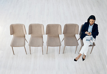 Image showing Business woman, checking watch and waiting room sitting on chairs above on mockup space at office. Top view of female person or employee for job interview in schedule meeting, time or appointment