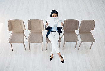Image showing Business woman, waiting room and reading on chairs for interview, hiring or recruitment at office. Portrait of female person or employee sitting for appointment, meeting or career opportunity in line