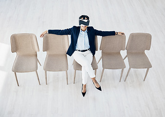 Image showing VR, glasses and chair with business woman in waiting room, Human Resources software and high tech interview. Relax, virtual reality and person for user experience, recruitment in digital world above