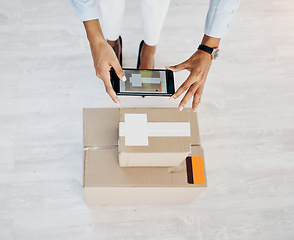 Image showing Delivery, phone and scan with hands of woman and box for shipping, ecommerce product and small business. Supply chain, package and distribution with closeup of employee and mobile photo for cargo