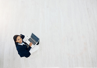 Image showing Laptop, floor and business woman planning, copywriting and online social media in startup career and mockup. Portrait, website and professional writer, editor or person on computer for research above