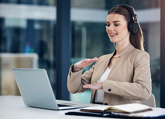 Image showing Business, laptop or woman on video call for online meeting or virtual conference on social network in office. Communication, talking or happy girl consultant for webinar, discussion or conversation