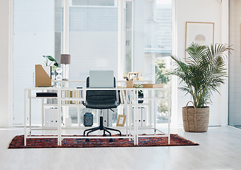 Image showing Empty office, workspace or interior of room for studying, working or desk of manager and ceo in startup. Table, chair and desktop in workplace or space of business, building and professional company