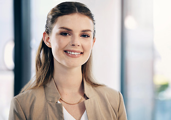 Image showing Confidence, smile and portrait of a businesswoman in the office with a positive mindset for a case. Happy, career and headshot of a professional female lawyer from Australia standing in her workplace
