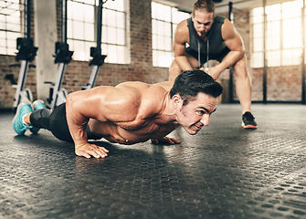 Image showing Fitness, personal trainer and athlete doing a push up exercise for strength, health and wellness. Sports, training and male person doing a body building arm workout with a coach for motivation in gym