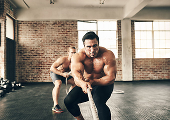 Image showing Men, gym and pull rope for workout with strong muscle, coaching and teamwork for health, fitness and class together. Body builder partnership, focus and tug of war for exercise, wellness and training