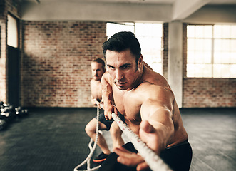 Image showing Men, gym and pull rope with training for strong muscle, coaching or teamwork for health, fitness and together. Bodybuilder partnership, friends and tug of war for workout, action or support on floor