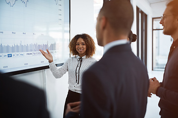 Image showing Presentation, graph and meeting with business people in office for project management, coaching and strategy. Data chart, finance and speaker with woman in workshop for training, seminar and planning