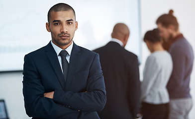 Image showing Serious, business man and arms crossed office portrait in a corporate board room with professional management. Executive and African male manager at a workplace with leadership and job vision