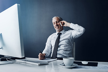 Image showing Phone call, writing notes and business man at desk for conversation, communication and talking. Networking, communication and happy mature male person on smartphone for discussion, chat and planning