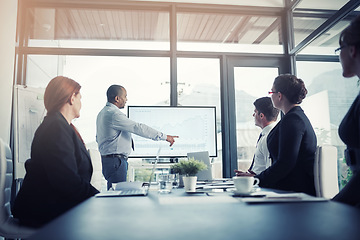 Image showing Presentation, proposal and executive team in a meeting for a report or corporate workshop for sales in a company. Board, manager and business man or speaker pointing at growth or development strategy
