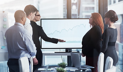 Image showing Leader, monitor or business people in a presentation for chart report or graphs analysis in a meeting. Data analytics, woman manager or speaker planning sales growth on screen in mentorship coaching