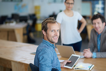 Image showing Teamwork, portrait or happy developers in meeting for discussion or brainstorming together in office. Diversity, digital app or programmers networking with technology, tablet or laptop in workplace