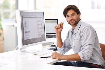 Image showing Business man, web design portrait and computer of a IT professional at a office desk. Typing, cyber company and digital website iot of a online employee with pc technology at a startup workplace