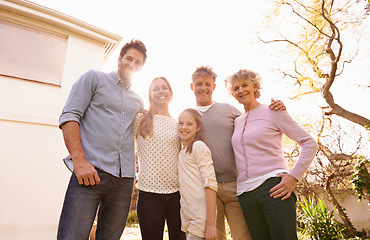 Image showing Hug, backyard portrait and big family of happy child, grandparents and parents bond, care and embrace together. Solidarity, mother and kid with grandma, grandpa and dad for love, reunion or support