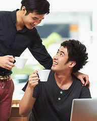 Image showing Partnership, gay couple working with laptop and at their home together happy. Collaboration or teamwork, cheerful or connectivity and bisexual people with computer for social networking or technology