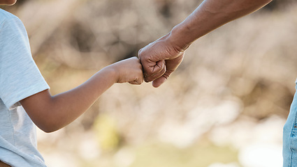 Image showing Support, love and father and child with fist bump for motivation, care and trust in nature. Family, collaboration and hands of dad and kid together for community, cooperation or achievement in a park