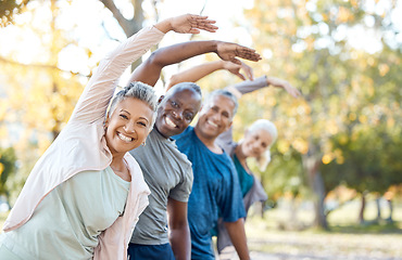 Image showing Stretching, portrait and senior people in park for muscle health, workout and training with retirement community. Yoga, exercise and elderly friends or group of women and men for fitness in nature