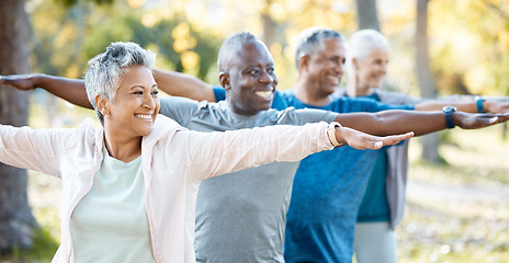 Image showing Stretching, yoga and senior people in park for muscle health, workout and training with retirement community. Pilates, exercise and happy elderly friends, group or women and men for fitness in nature