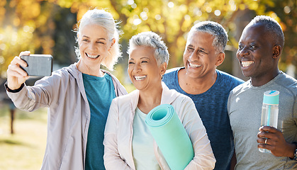 Image showing Selfie, fitness and senior people in park exercise, workout and social media, healthcare or retirement group. Happy Yoga class, diversity women or friends in profile picture and training gear outdoor