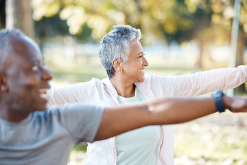 Image showing Stretching, yoga and senior people outdoor for muscle health, workout and training in retirement community. Pilates, exercise and happy elderly friends, woman and partner balance, fitness and park