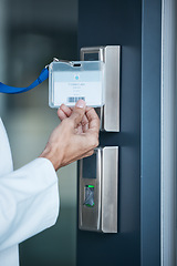 Image showing Key card, hand and scan on security door for entrance, access control and safety in business, property or facility. Worker, hands and electronic fingerprint reader or technology to lock or secure