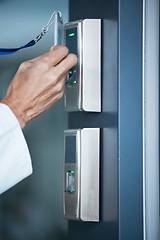 Image showing Hand, key card and scan on security door for entrance, access control and safety in business, property or facility. Worker, hands and electronic fingerprint reader or technology to lock or secure