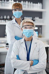 Image showing Portrait, research and women with arms crossed, medical and mask with innovation, support and pandemic regulations. Female people, researchers and scientist with face cover, healthcare and career