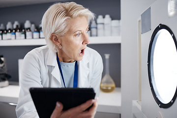 Image showing Scientist, tablet and surprised woman with incubator for research, study analysis or test in laboratory. Technology, medical professional or senior science doctor shocked, wow and machine for biology