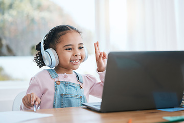 Image showing Laptop, education and a student girl distance learning in her home while in a lesson to ask a question. Technology, school and virtual class with a young pupil at a desk for growth or development