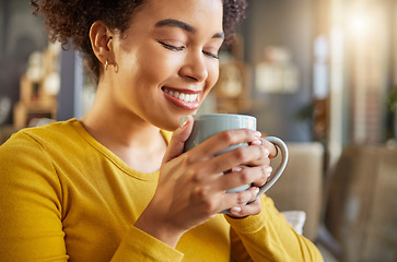 Image showing African woman, coffee cup and happy on couch, scent or energy to start morning in apartment. Girl, smile and warm drink to relax with coco, matcha or espresso for fragrance, thinking and mug in house